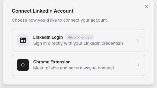 Connect LinkedIn Account dialog with LinkedIn Login and Chrome Extension