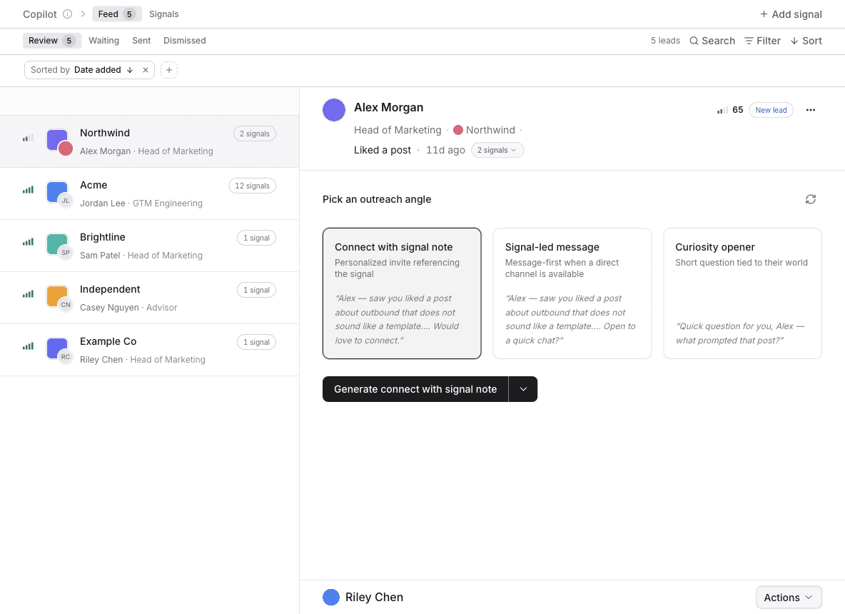 Signals Feed review screen with a lead open and outreach angles