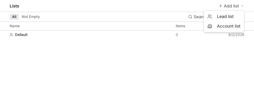 Lists page with the Add list menu open
