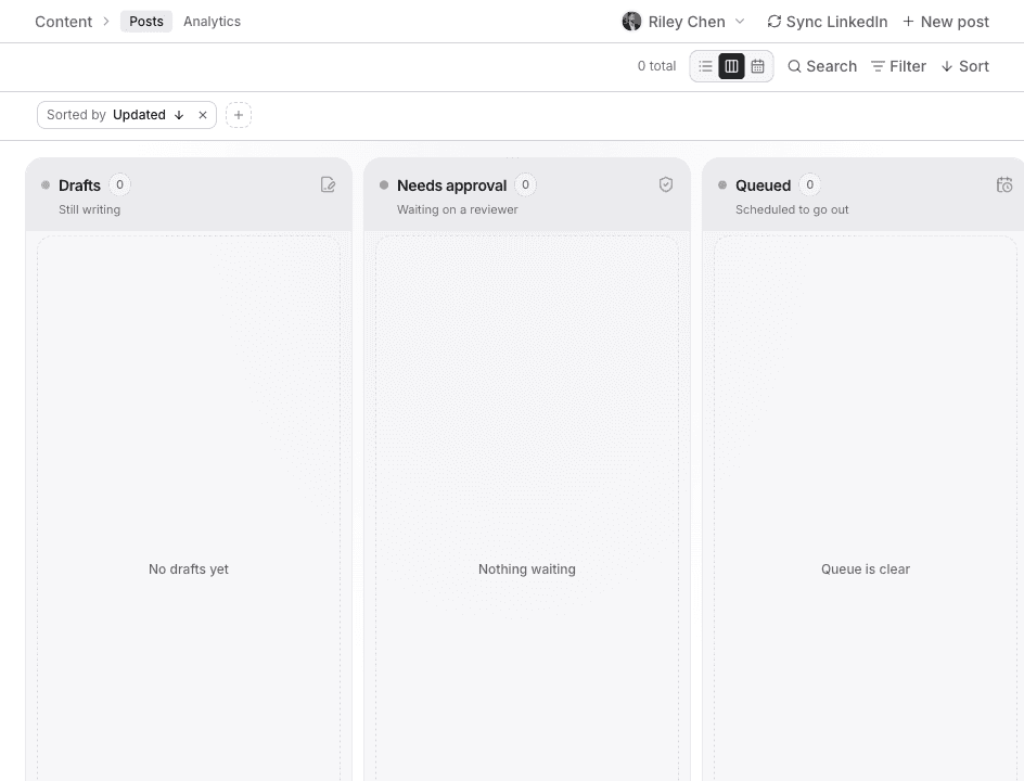 Content Posts board with Drafts, Needs approval, and Queued columns