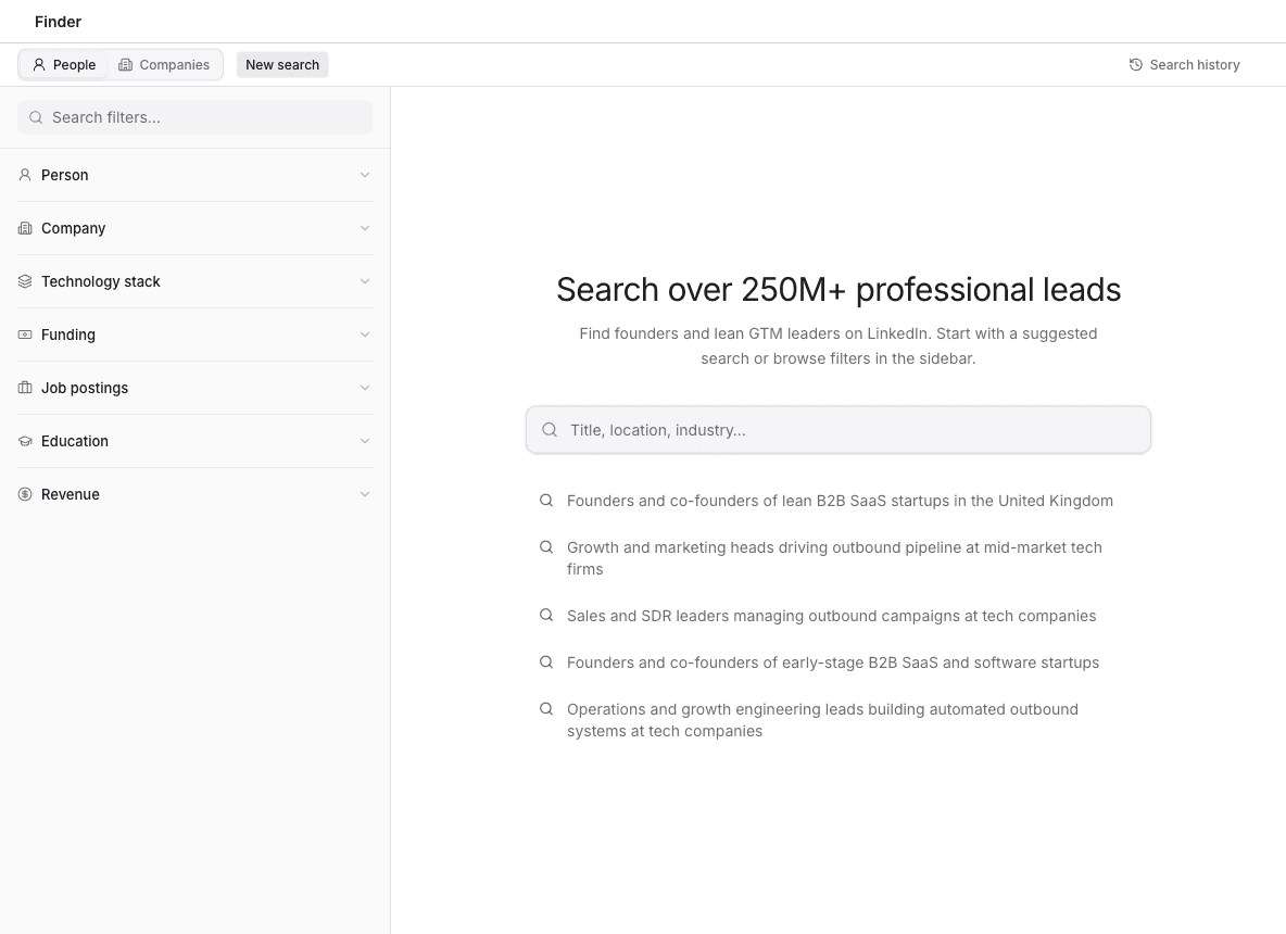 Finder people search with filters and suggested searches