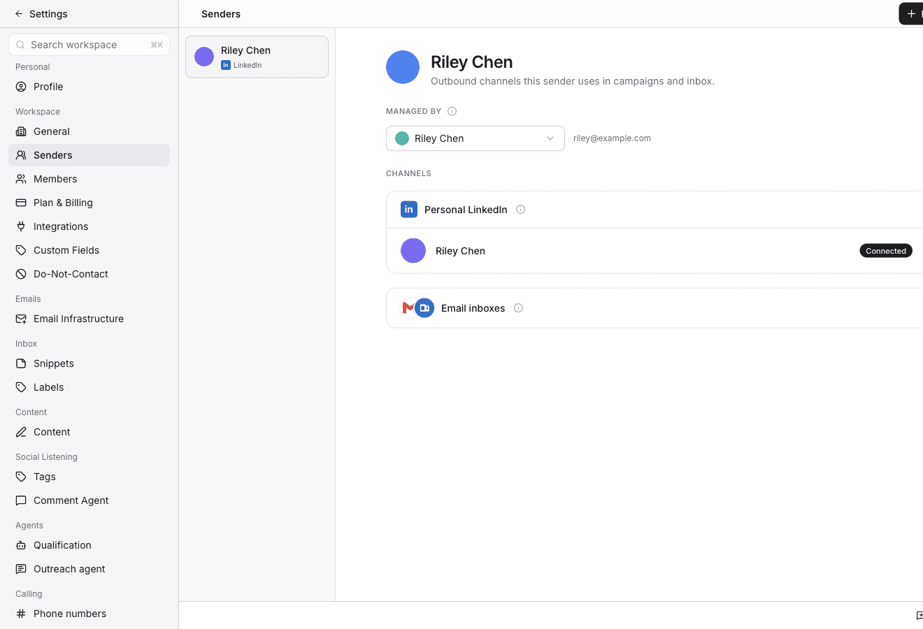 Senders page with a connected LinkedIn account
