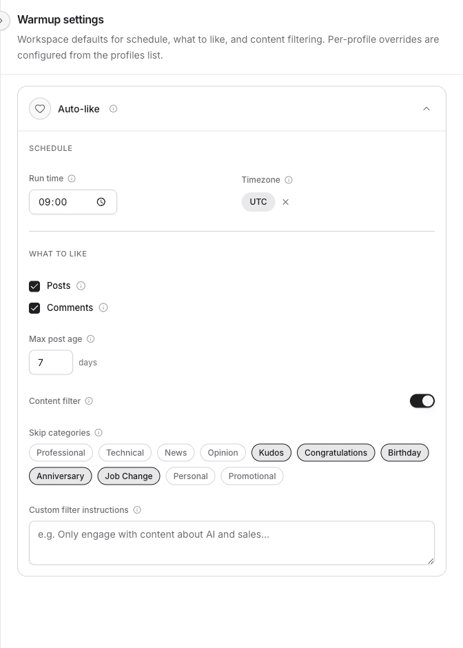 Warmup settings