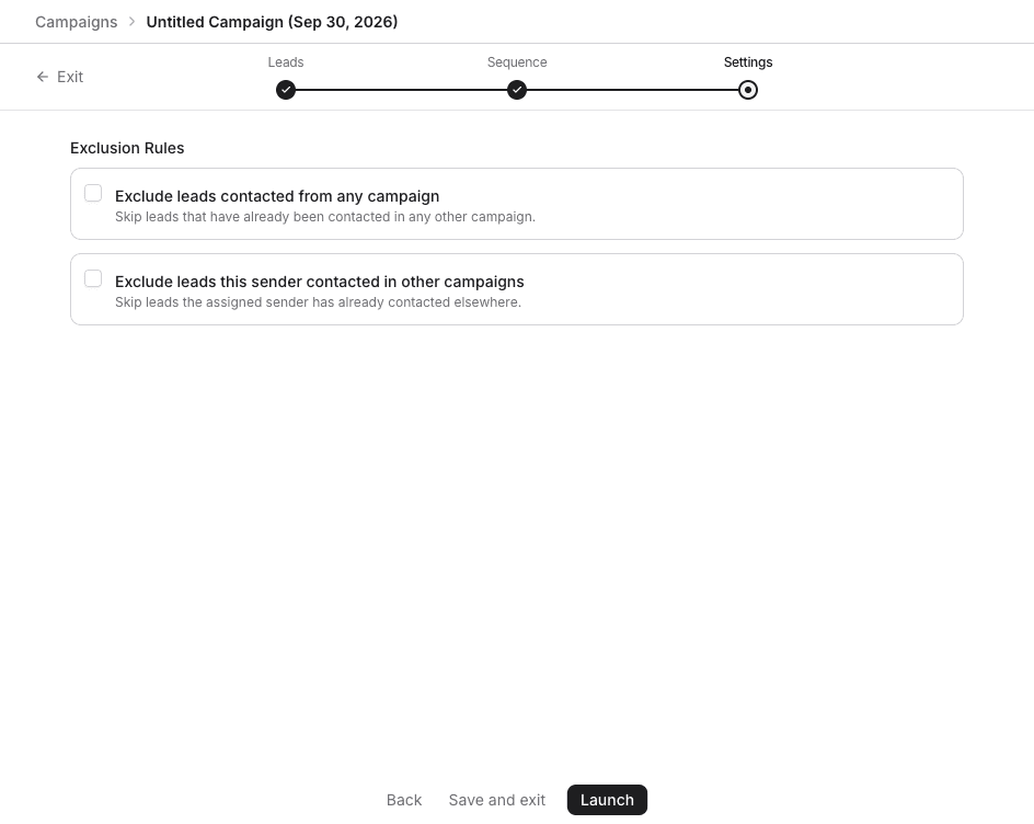 Settings step with exclusion rules